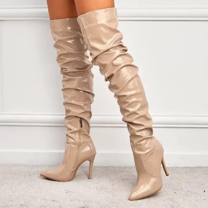 Bottes pour femmes sur le genou brillant plissé bottes à talons hauts fermeture éclair latérale femmes pompes bout pointu Stiletto femmes chaussures en cuir verni