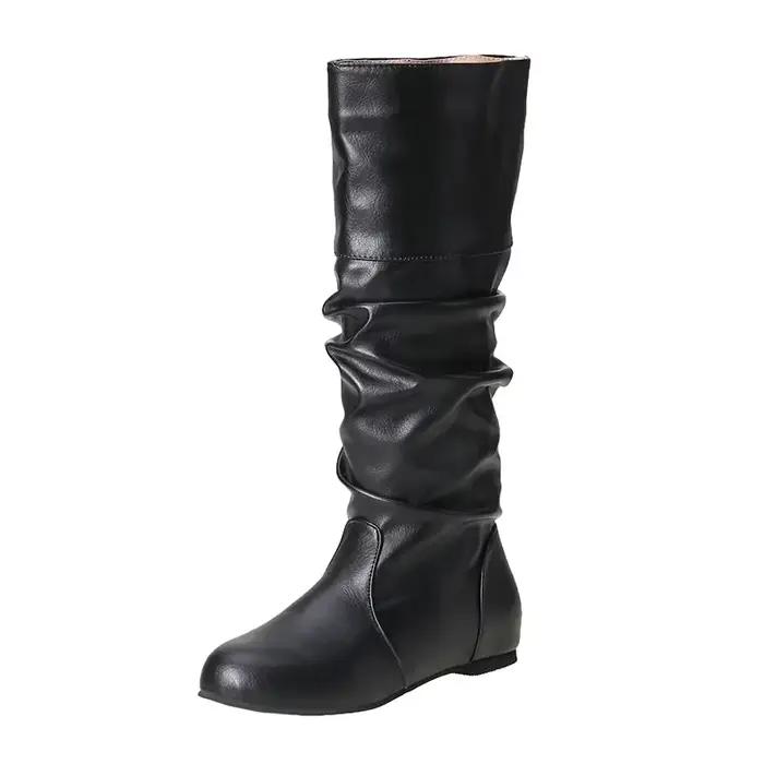 Bottes en cuir mode plissé pour femmes, élégantes et confortables, idéales pour l'hiver, avec des franges et disponible en plusieurs couleurs et tailles