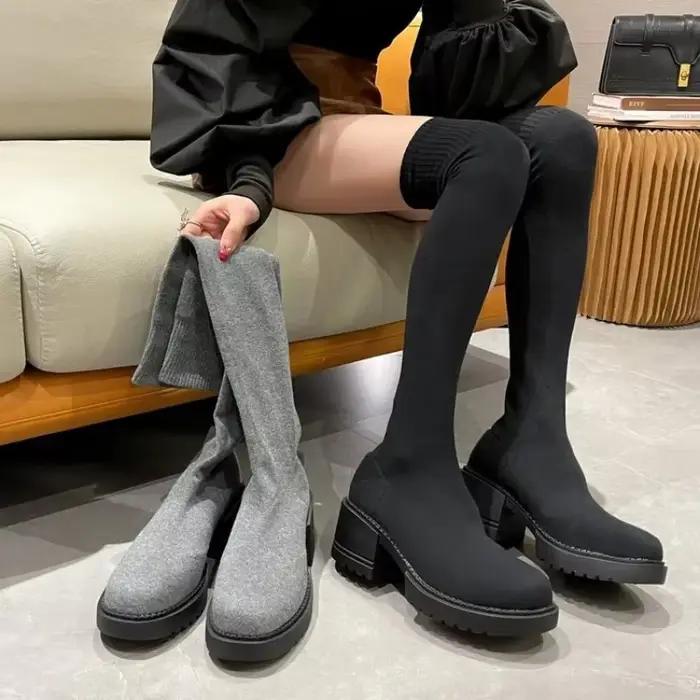 Bottes au dessus du genou pour femmes, chaussures à plateforme élastiques à bout rond, bottes de Cowboy occidentales à la mode, bottes de styliste de haute qualité, automne/hiver