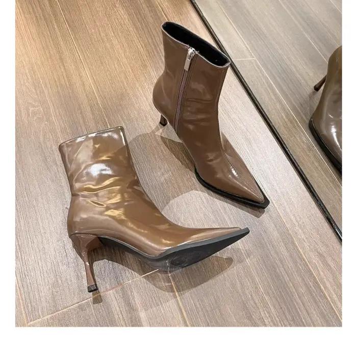 Bottines vintage d'automne, nouvelle mode, talons hauts, bottes fines en cuir verni à bout pointu sexy pour femmes, bottines courtes marron pour femmes.