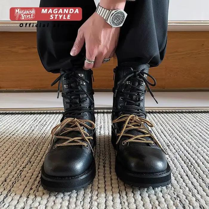 Couche de tête en peau de vache bottes courtes hommes à semelles épaisses hauteur augmentant parachutiste vêtements de travail conception fermeture éclair style à lacets chaussures de plein air