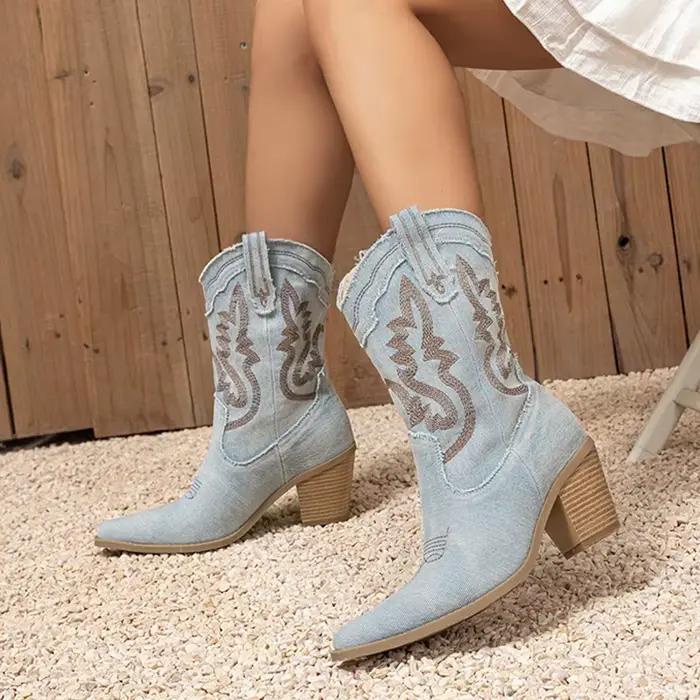Bottes vintage femmes Liyke broderie denim talons de sabot élégantes pour soirée gala et événements de charité ocasions spéciales