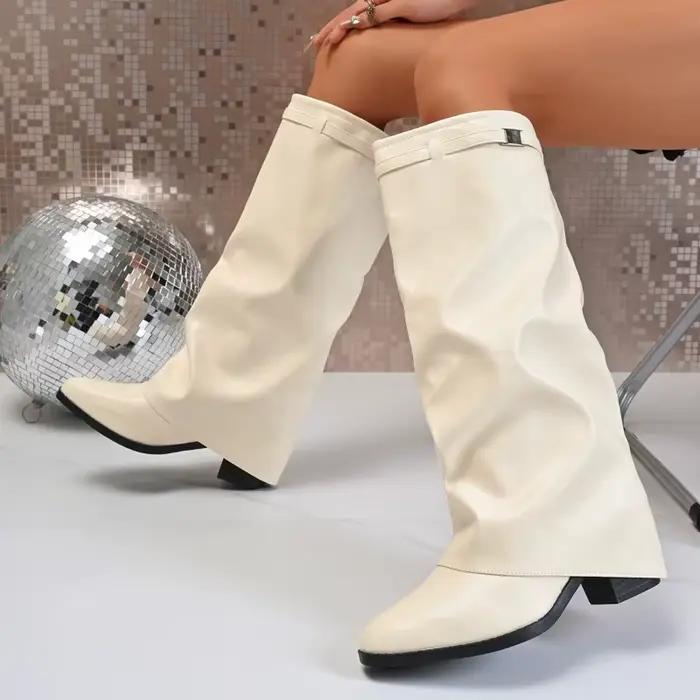 Chaussures pour femmes nouveau bout pointu droit brillant moyen bottes longues grande taille