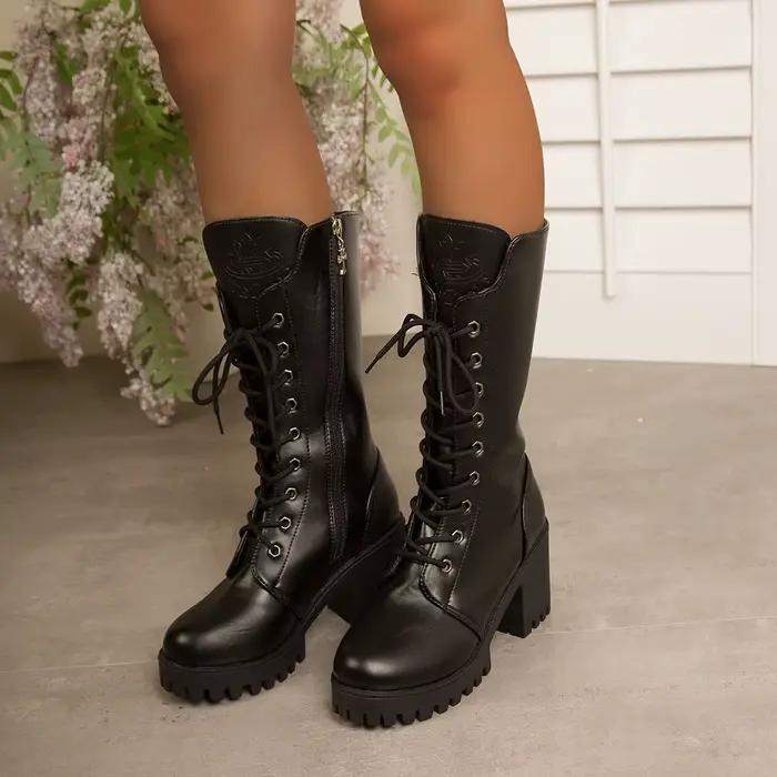 Bottes mi-mollet pour femmes, talon carré, bout rond, plateforme, cuir noir, fermeture éclair latérale, grande taille 35-43, mode automne, occassions spéciales