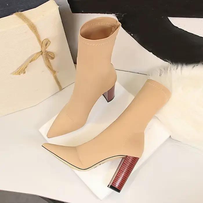 bottines en microfibre avec talons carrés hauts pour femmes, bottes extensibles pour automne printemps, confort et élégance pour soirées et promenades