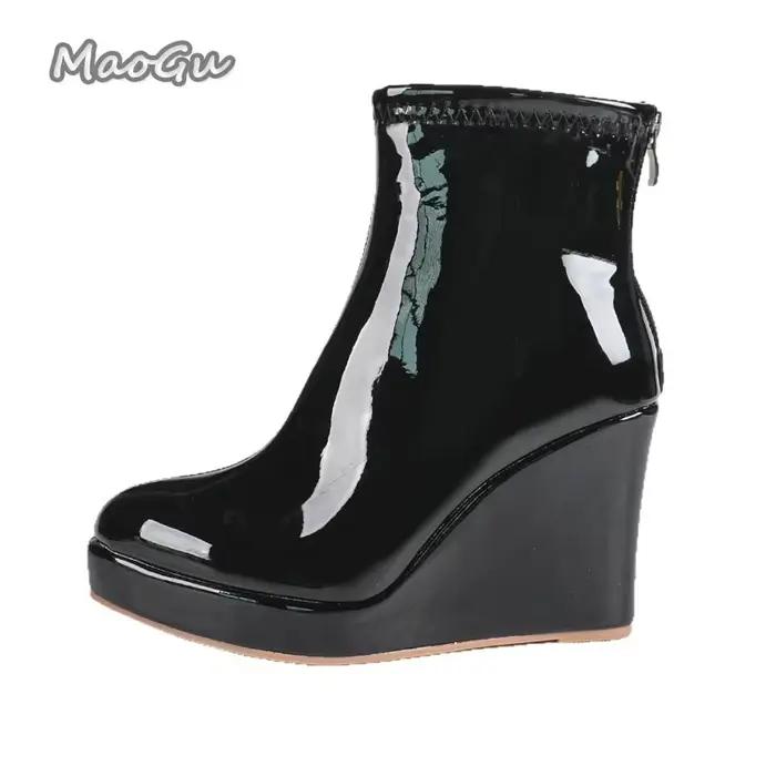Bottes courtes en cuir verni de Style britannique, bordeaux, bout pointu, plateforme compensée, chaussures à talons hauts épais, chaussures d'entraînement