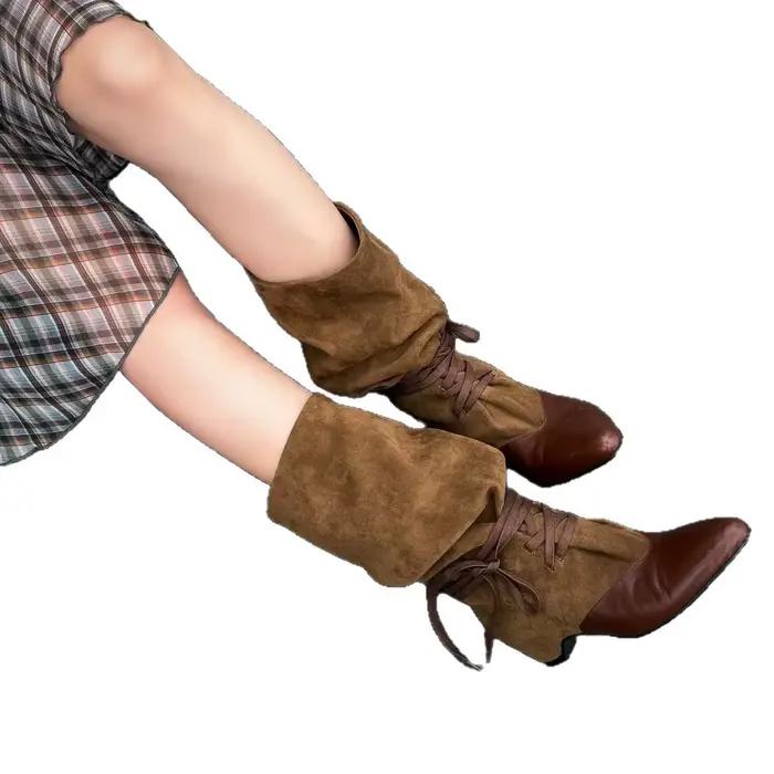 Bottes mi-mollet vintage à empiècements superposés pour femme