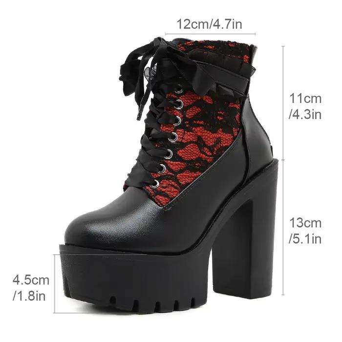 Gdgydh gothique dentelle Patchwork talon haut bottines pour femmes Vintage Style européen fermeture à glissière grosse plate-forme bottes rouge