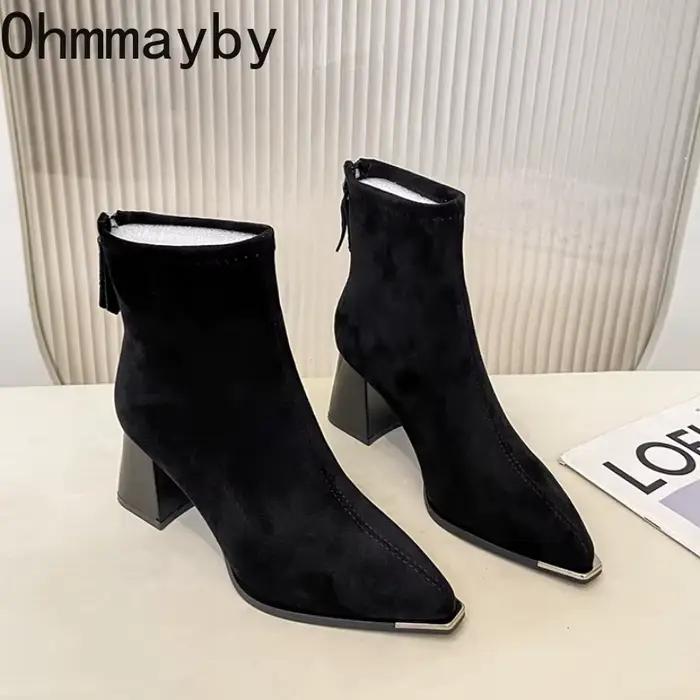 Bottines à talons épais pour femmes, chaussures courtes modernes à bout pointu, Style de rue, strip-teaseuse de fête, hiver