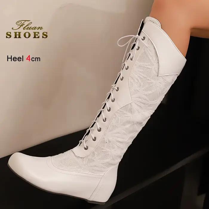 2025 bottes de chevalier blanches pour femmes talons surélevés intérieure 4 cm bout rond femme mi-mollet bottes avant à lacets dames chaussures taille 46