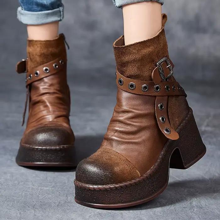 GKTINOO – bottes de moto en cuir véritable pour femmes, chaussures à bout rond avec fermeture éclair, cousues à la main, bottines rétro à plateforme, nouvelle collection 2026
