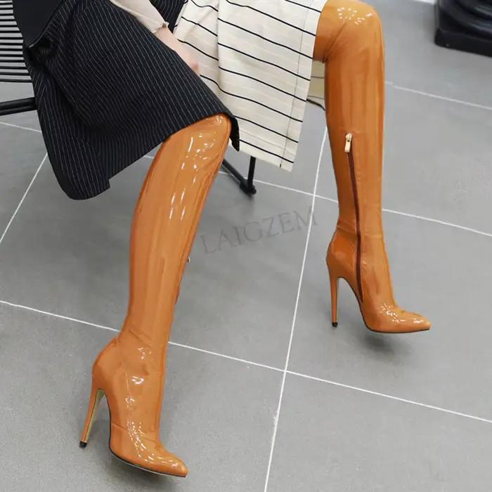 LAIGZEM femmes sur les bottes au genou extensible côté fermeture éclair talons hauts brillant cuissardes Club chaussures minces femme grande taille 33 39 43 47 49