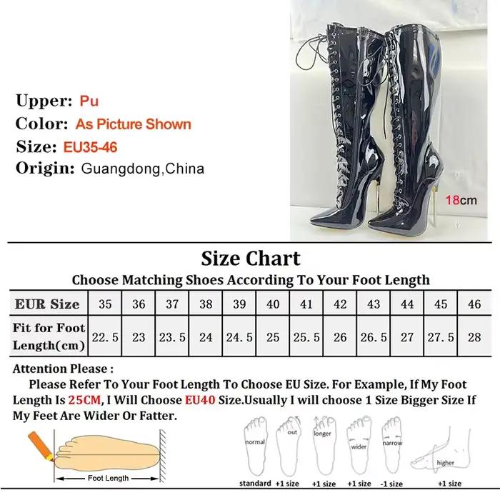 Noir 18 cm talon en métal genou haute femmes bottes boîte de nuit scène bout pointu pôle chaussures de danse en cuir verni dame talons couleur personnalisée