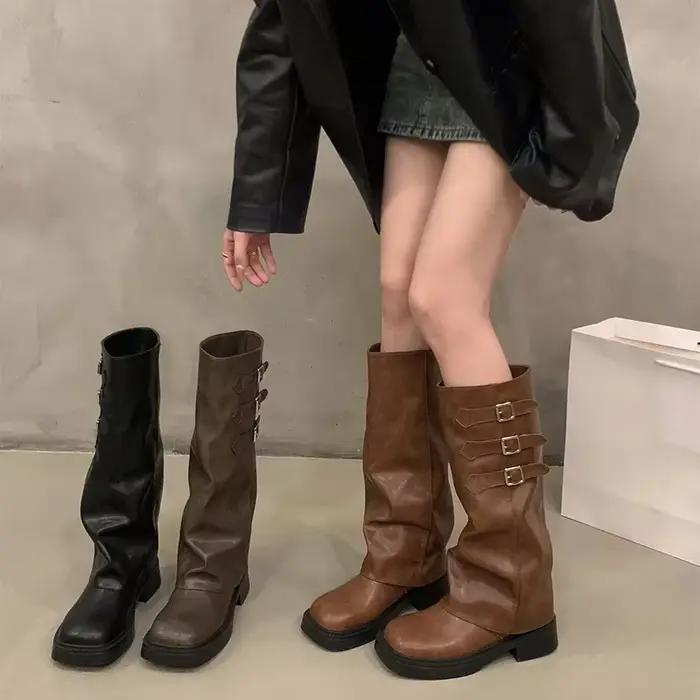 Style rétro genou bottes hautes femmes mode dames sans lacet chevalier