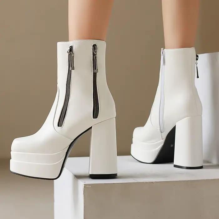 Femmes bottes printemps automne hiver mode bout rond talons épais côté fermeture éclair robe fête plate-forme bottine grande taille 48 49 50 338-46