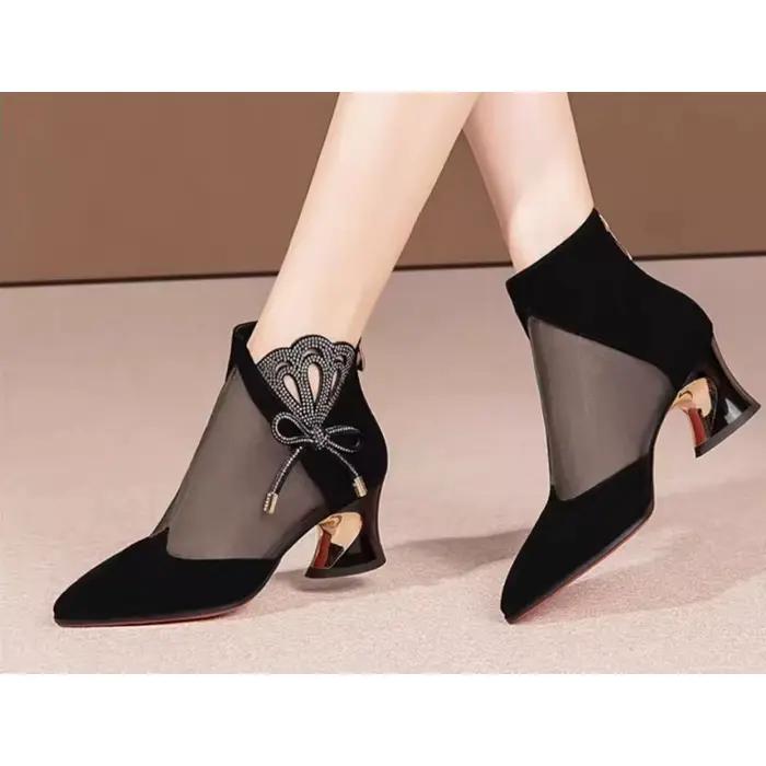 Nouvelles Bottines à Bout Pointu en Maille 2026, Talon Carré Confortable, Style Français Élégant pour Mariage, Banquet et Soirée