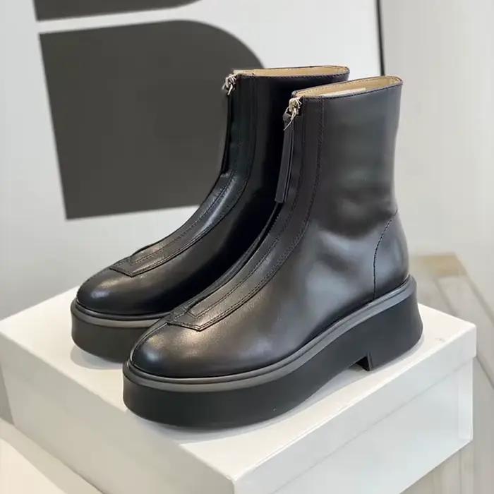 Nouvelles femmes avant fermeture éclair conception cheville Botas vache daim semelle épaisse couleur unie bottes