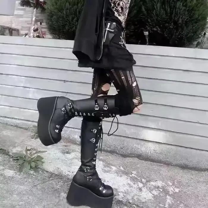 Punk gothique plate-forme bottes pour femmes Cosplay compensées mi-mollet femmes bottes concepteur fond épais décontracté genou haute botte Botas Mujer