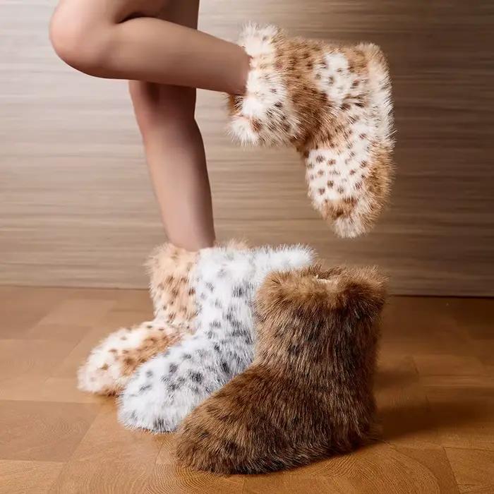 Bottines en fausse fourrure léopard moelleuses pour femme bottes de neige hiver décontractées intérieur extérieur occasions spéciales