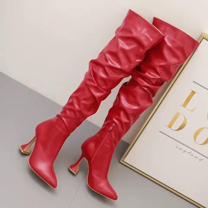 Cuissardes en cuir souple plissé pour femmes, chaussures au-dessus du genou, bout pointu, talons hauts, rouge, élégant, mode, automne, hiver