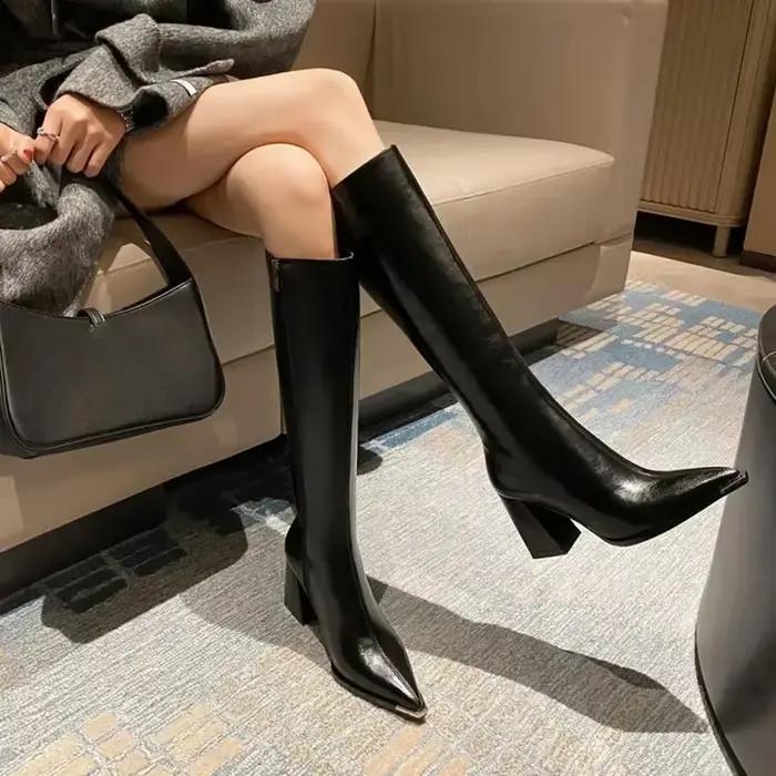 Bout pointu femmes bottes hautes mode fermetures éclair latérales chaussons longs dames élégant fête chaussures à
