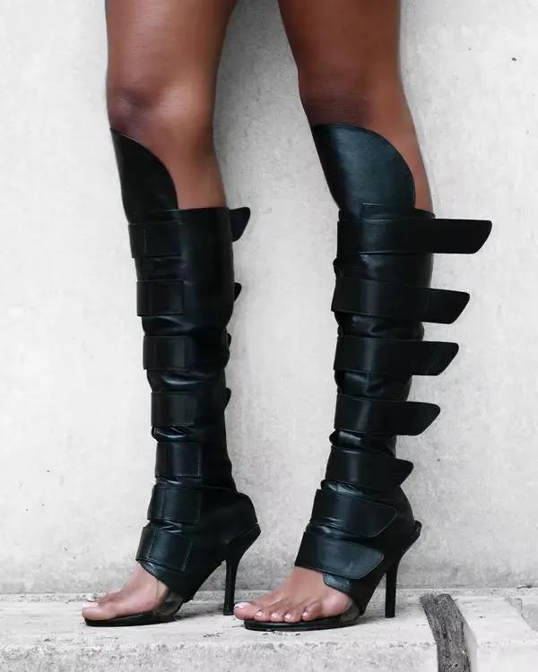 Bottes à talons aiguilles noires à bout ouvert style britannique pour femme, idéales pour la danse et les soirées estivales 2026