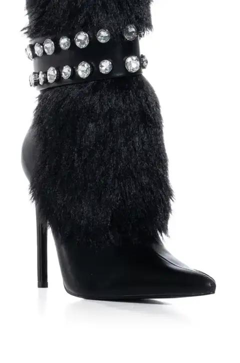 Bottines noires en fausse fourrure pour femmes, avec strass, bout pointu, fermeture éclair latérale, talon aiguille, style punk, pour club, scène, soirée, taille 44