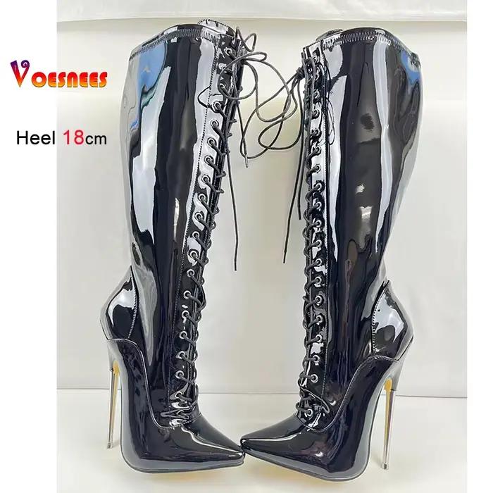 Noir 18 cm talon en métal genou haute femmes bottes boîte de nuit scène bout pointu pôle chaussures de danse en cuir verni dame talons couleur personnalisée
