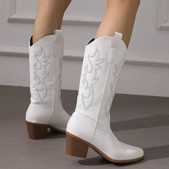 Bottes Longues Brodées Bout Pointu Talon Carré Élégantes Occasion Spéciale Blanc Bleu Gris