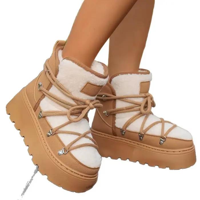 Bottes de neige d'hiver à semelle épaisse doublées de polaire pour femme, grandes tailles, chaudes, en coton, à lacets, style court