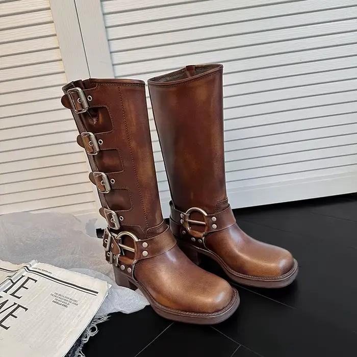 Bottes en cuir véritable marron pour femme