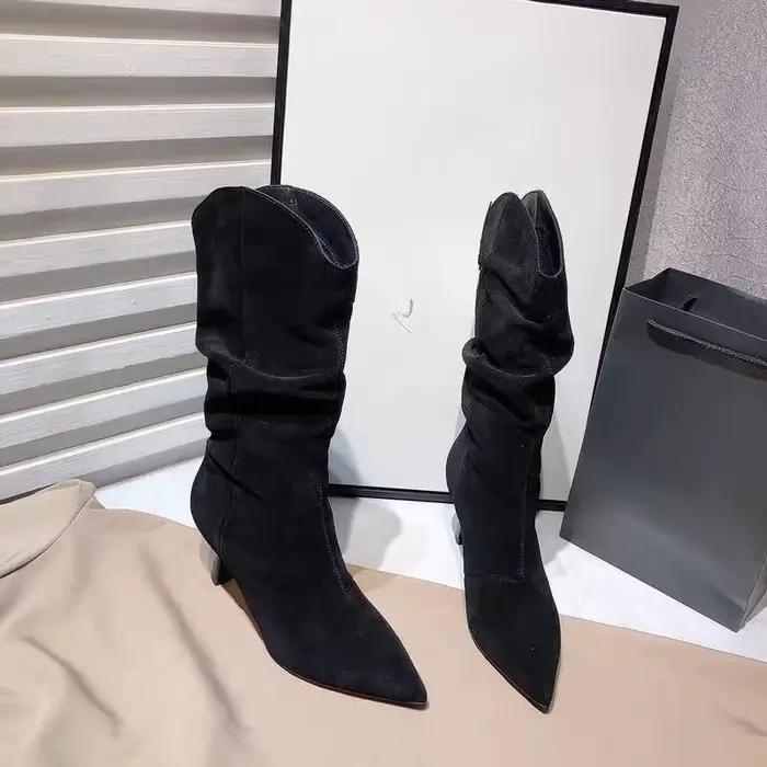 Bottes plissées en daim de vache à bout pointu, nouvelle collection automne, antidérapantes et résistantes à l'usure