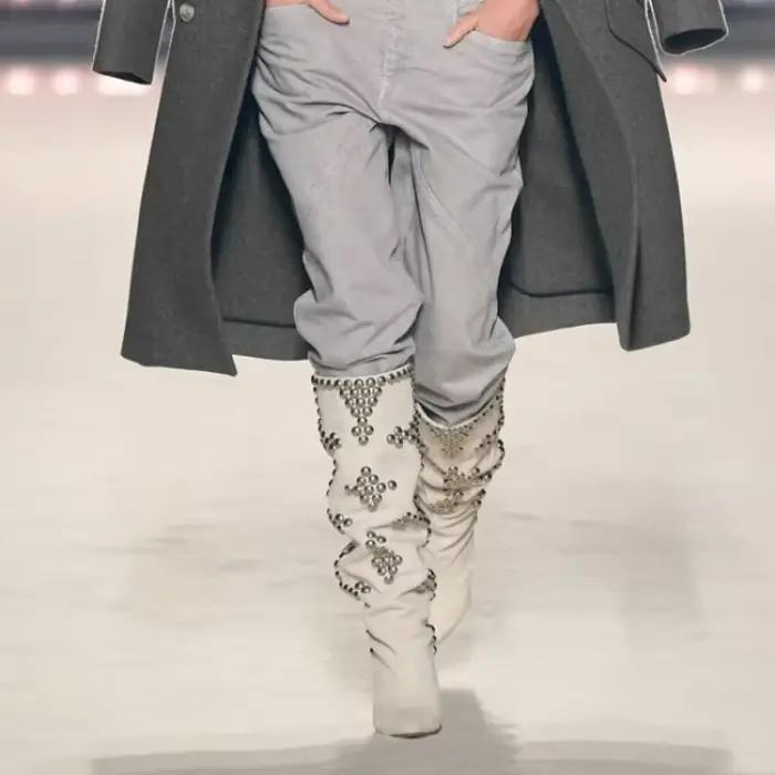 RiSALE-Cuissardes à talons hauts pour femmes, bottes longues cloutées, patchwork de cuir floqué, parka pointue, bottes de piste, noir, beige