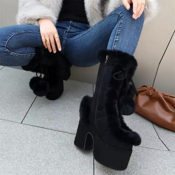Bottes gothiques noires à plateforme épaisse pour femmes, bottes d'hiver rétro Y2K, talons hauts, mi-mollet, grande taille, style gothique