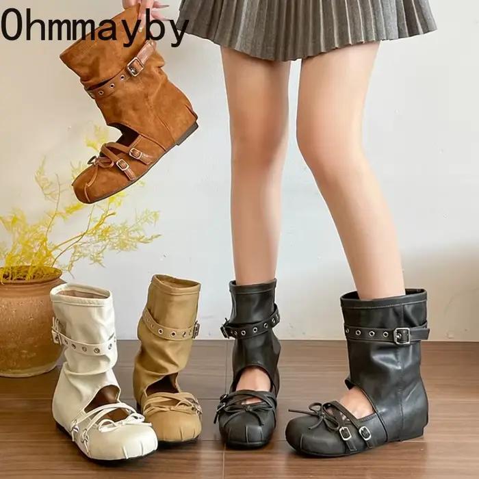 Bottes courtes vintage ajourées pour femme, style western, à enfiler, avec bride à boucle et talon compensé, pour l'été