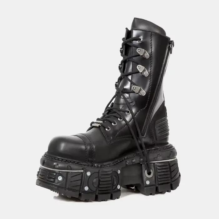 Bottes de rinçage rétro noires pour hommes et femmes, chaussures de chevalier décontractées à lacets, décoration en métal, plate-forme optique, punk, ronde, femme, 45