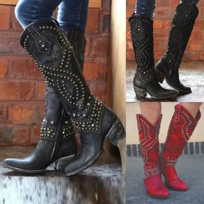 Bottes à tube long pour femmes d'automne et d'hiver avec rivets au talon moyen
