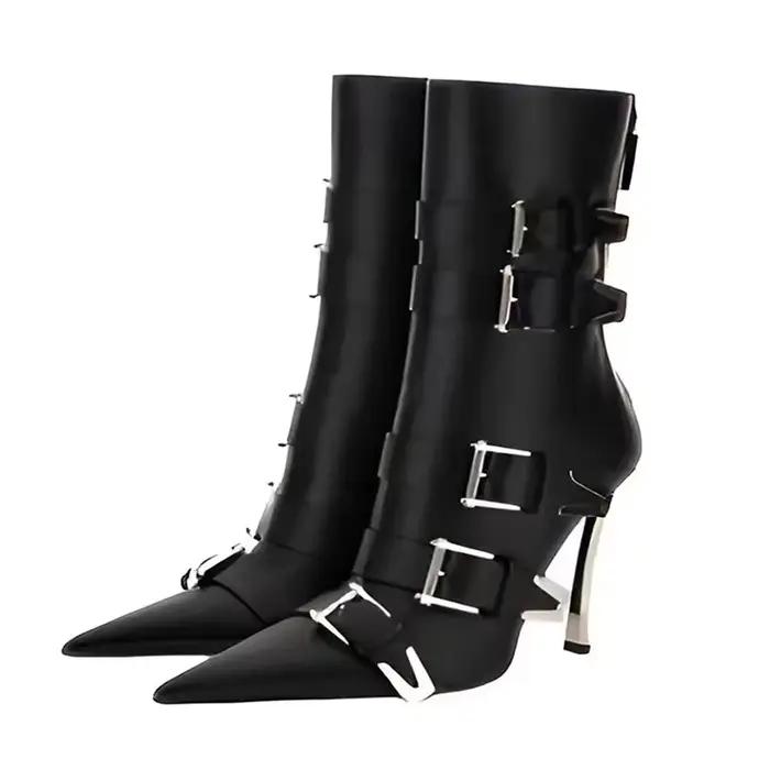Bottes de moto mi-mollet avec structure en métal pour femmes, chaussures à talons minces, bottes de soirée en boîte de nuit, design de marque, automne et hiver