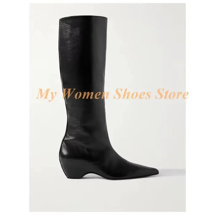 Bourgogne genou bottes hautes talon moyen sans lacet piste 2026 hiver automne femmes robe chaussures bout pointu talon noir nouveautés