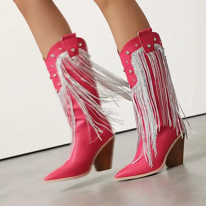 Bottes de cowboy pointues pour femmes, RiSALE Tassel High, Wide Calf Over the Knee Boots, Western Boots, Chunky High Heels for Women mn