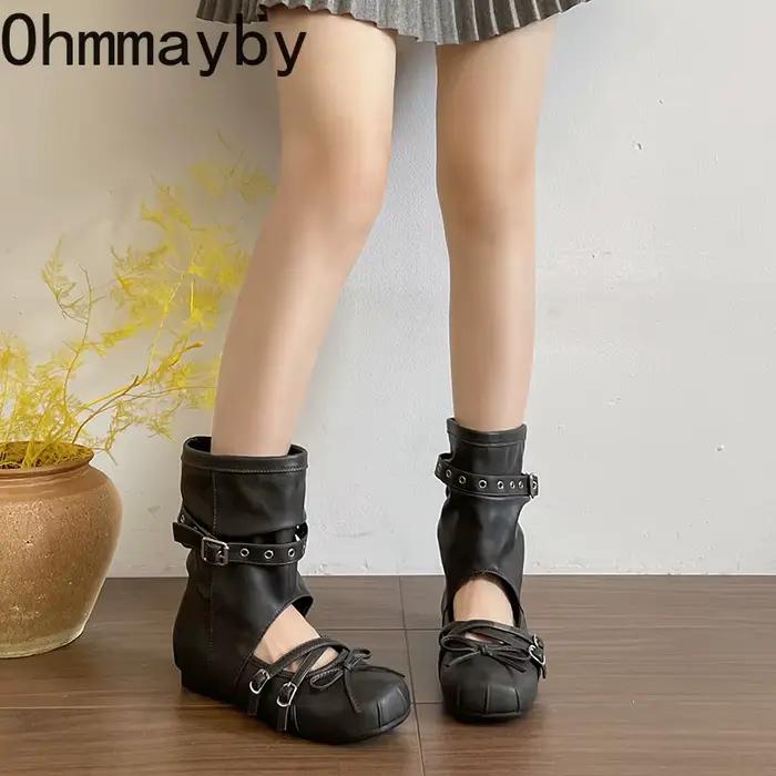 Bottes courtes vintage ajourées pour femme, style western, à enfiler, avec bride à boucle et talon compensé, pour l'été