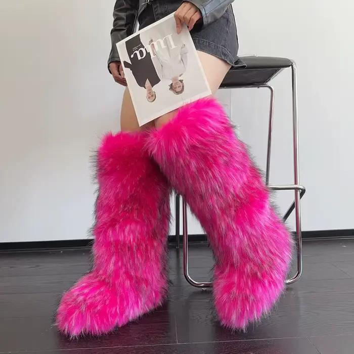 Bottes en fourrure de cachemire pour femmes au-dessus du genou - Style bureau dame - Nouvelle collection hiver - Antidérapantes - Taille plus petite que d'habitude - Occasions spéciales