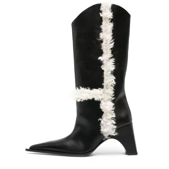 Bottes mi-mollet pointues à talon étrange en microfibre pour femmes, style rétro, couleurs mixtes, idéales pour les sorties nocturnes et les occasions spéciales