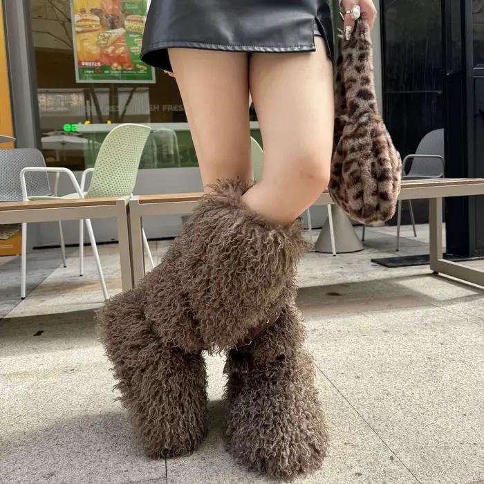 Bottes hautes en fausse fourrure de mouton pour l'hiver, style Y2K Goth, bottes hautes pour femmes, bottes longues chaudes tendance Hiphop Hotgirl