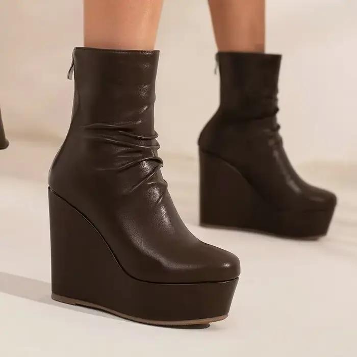 Femmes bottines taille 33 hiver automne conception plissée bout rond dames matures bureau plate-forme compensées talons hauts Chelsea bottes