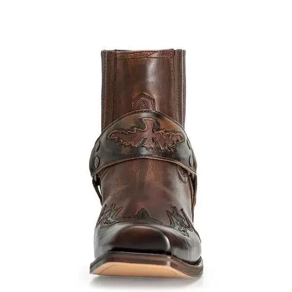 Bottines occidentales en cuir pour hommes, accents de boucle, détails brodés, Style Chic robuste pour les sorties d'automne/hiver, looks de mode