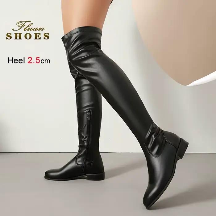 2025 automne hiver bottes extensibles femmes chaussures bout rond talon grossier sur le genou