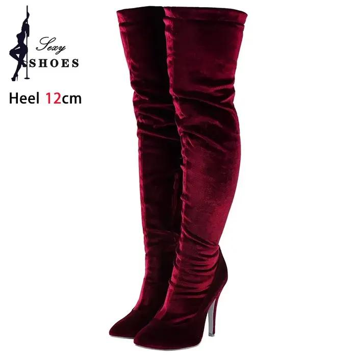 Bottes longues en velours pour femmes, bout pointu, talons aiguilles, grande taille, cuissardes élastiques, nouvelles bottes modernes pour printemps-automne 2024