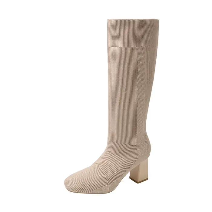 Bottes Élastiques Tricotées Confortables Femmes Talon Épais Mode Automne Hiver Occasions Spéciales
