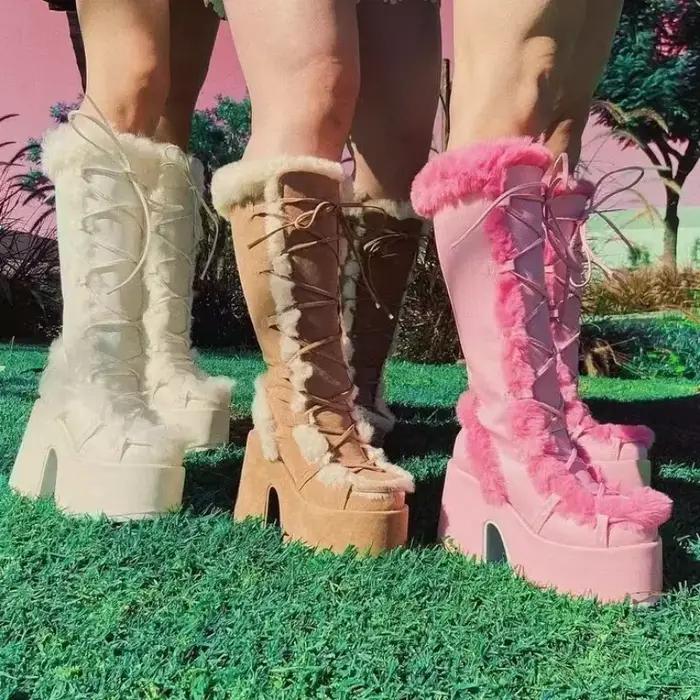 Bottes de neige à plateforme et talons hauts pour femme, chaussures gothiques en fausse fourrure, en peluche, chaudes et antidérapantes, mi-mollet, nouvelle collection hiver